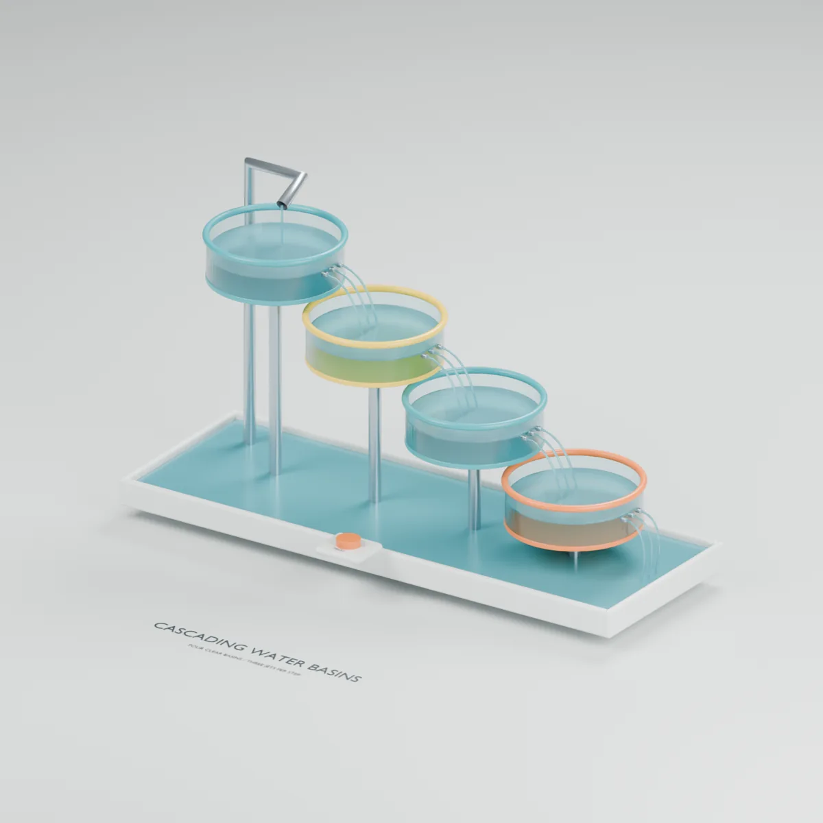 Cascading Water Basins water table concept showing four descending clear basins with colourful rims, steel supports and connecting water streams