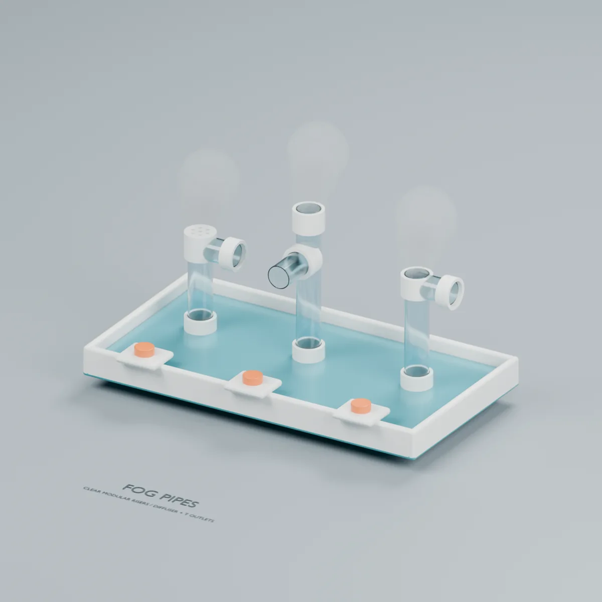 Fog Pipes water table concept showing three clear pipe assemblies, white sockets, branch outlets and a perforated diffuser
