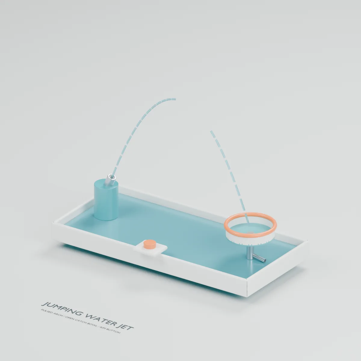 Jumping Water Jet water table concept showing an arcing segmented water jet, source nozzle, open receiving bowl and rim button