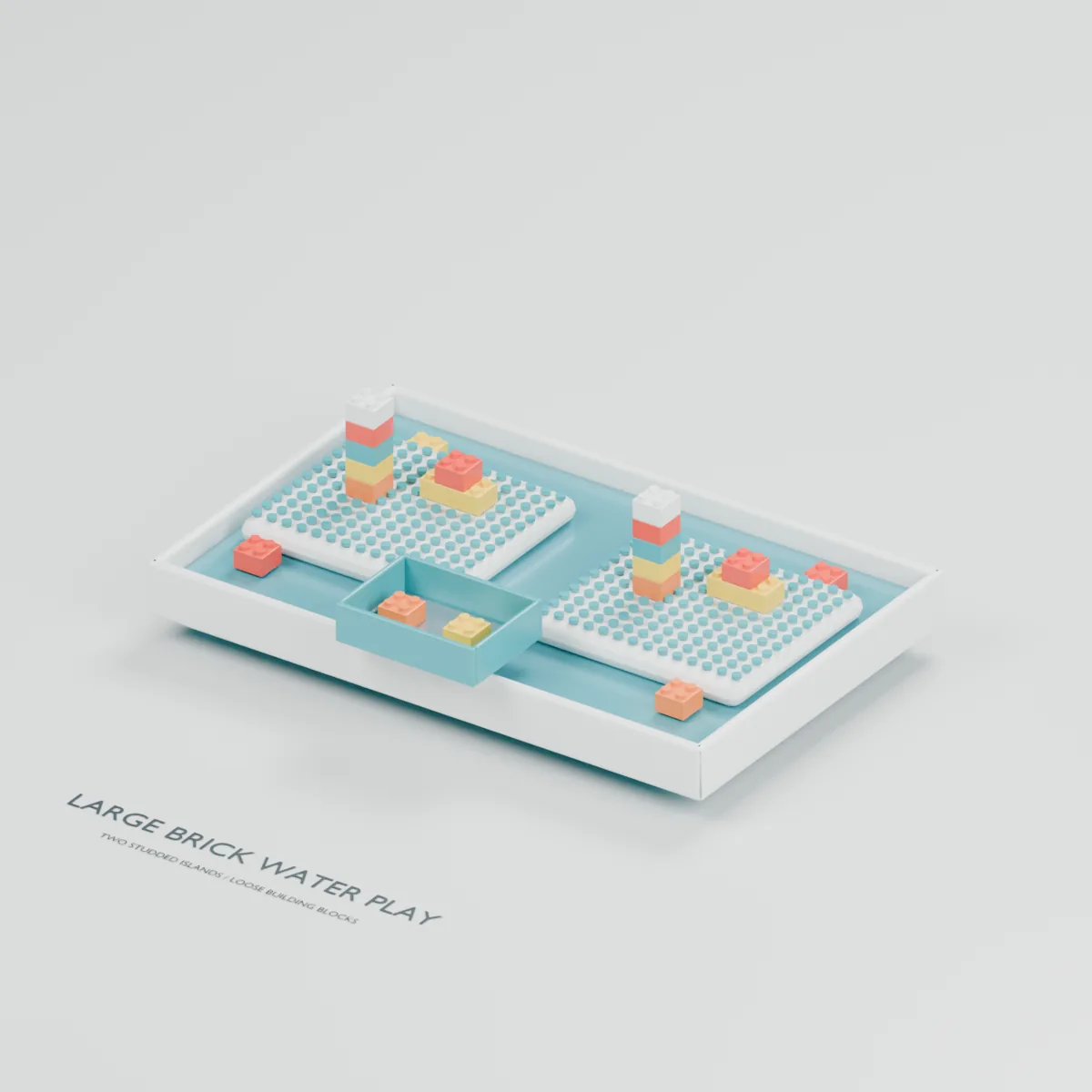 Large-brick Water Play water table concept showing two studded building islands, sample towers and walls, loose large bricks and a basket