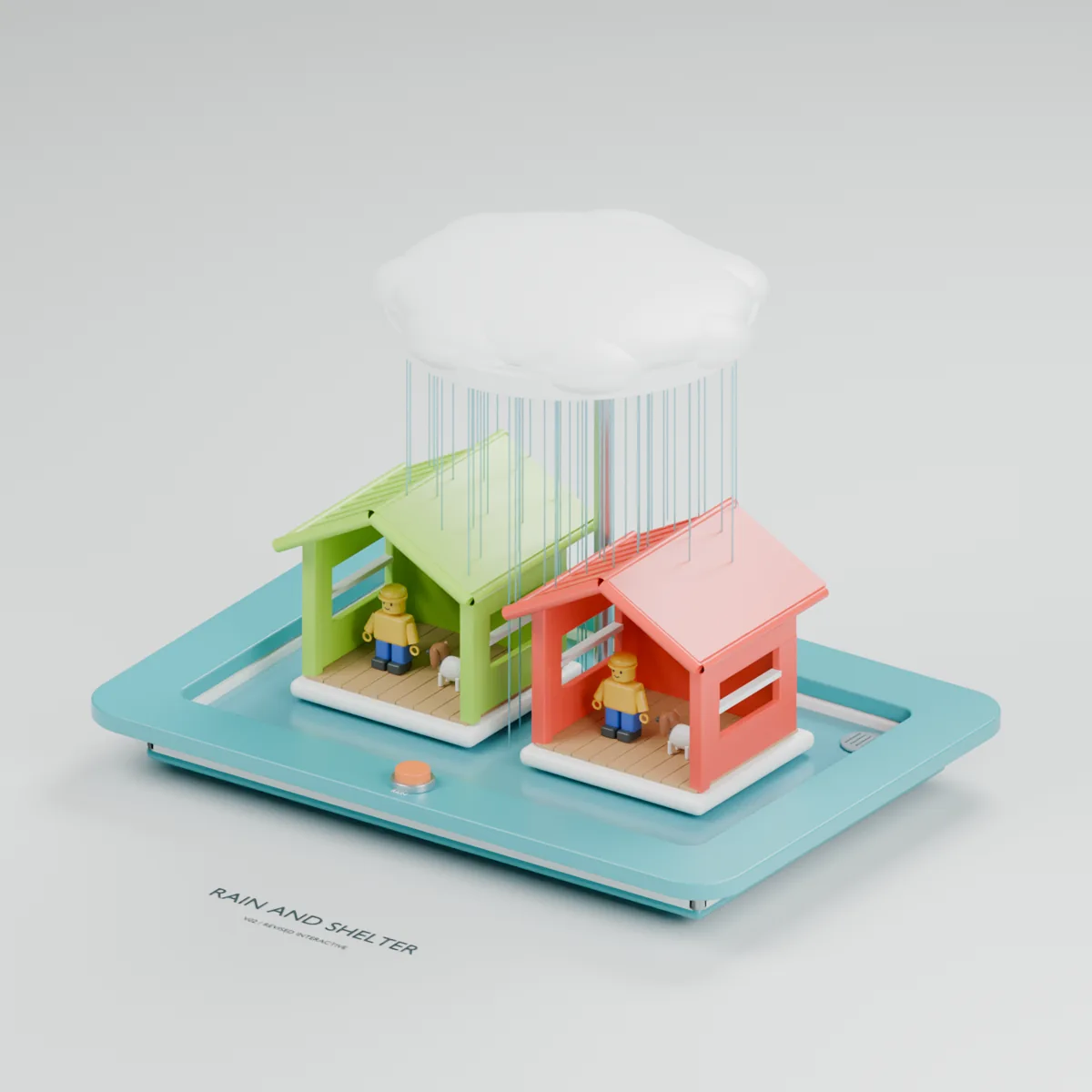 Rain & Shelter water table concept showing two open shelters, movable figures, rain streams and roof gutters