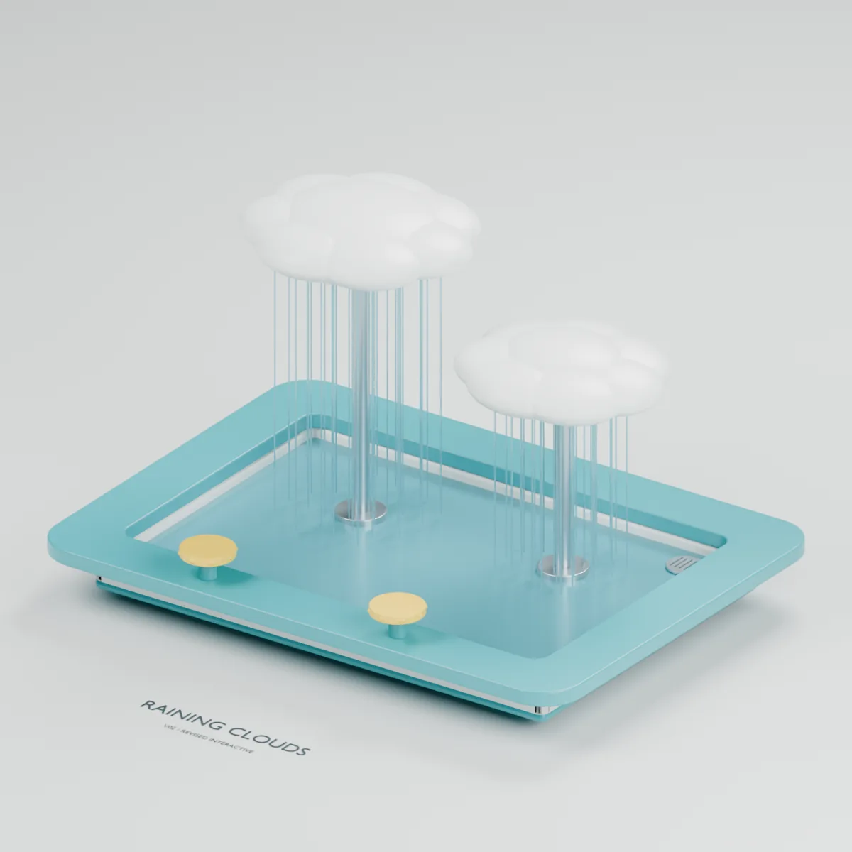 Raining Clouds water table concept showing two overhead rain manifolds, a rim valve and movable interception discs