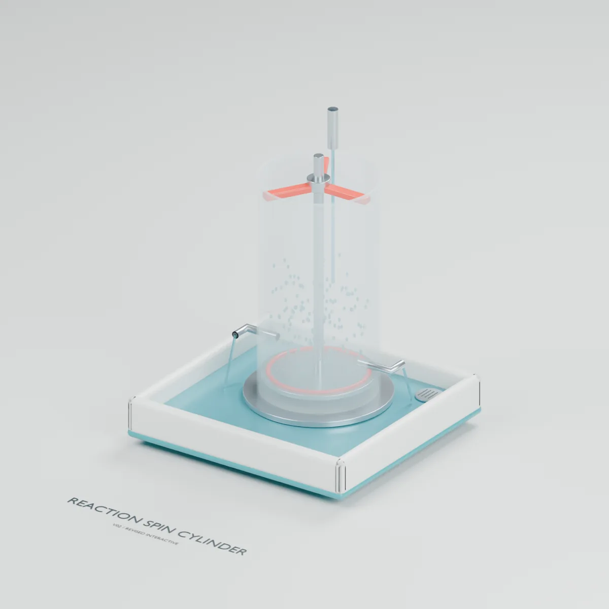 Reaction Spin Cylinder water table concept showing a red rotating cross-arm, opposed tangential outlets and a transparent splash cylinder