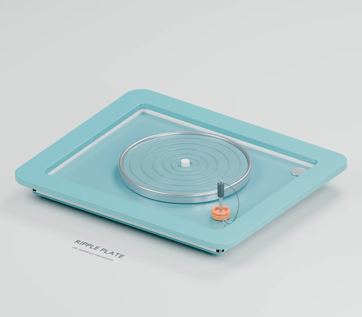 Ripple Plate water table concept showing a shallow circular plate, central plunger, front grip and illustrative concentric ripple rings
