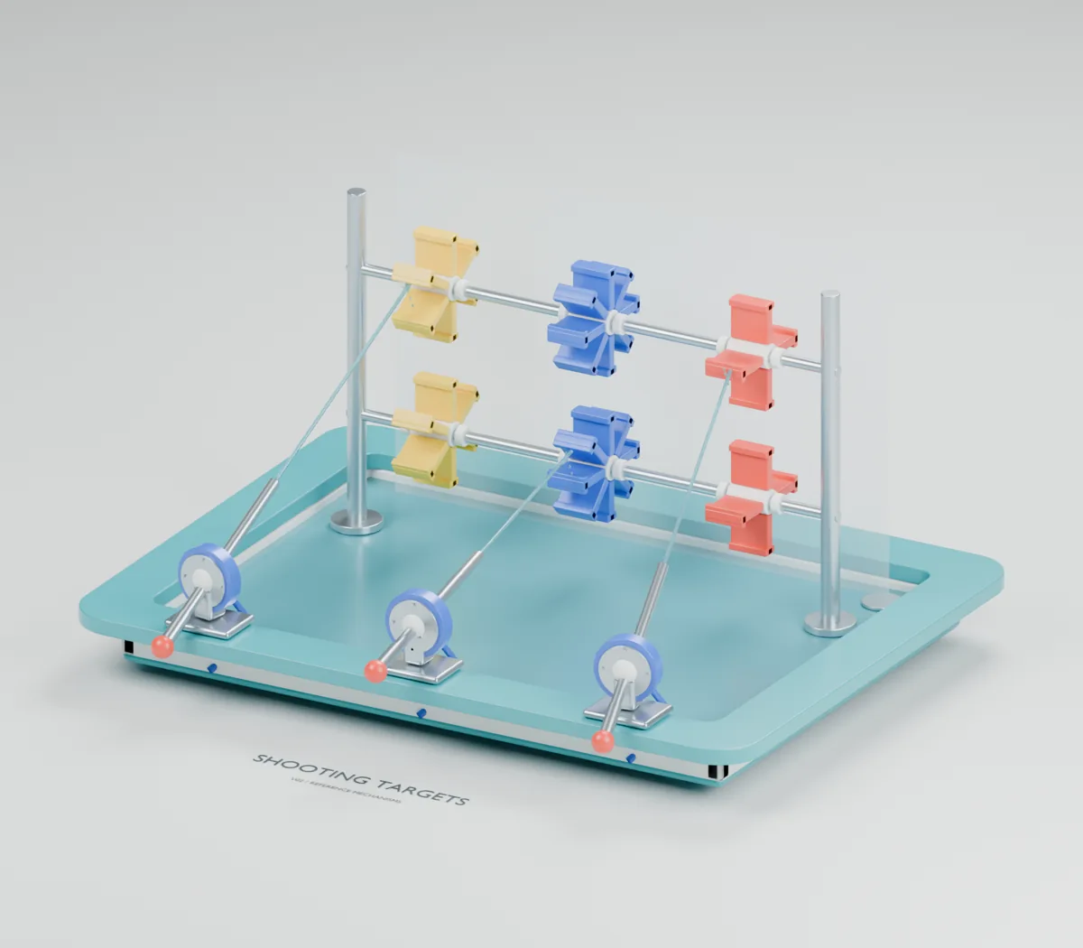 Water Targets water table concept showing three visitor nozzles, six rotating paddle targets and a rear splash-return screen