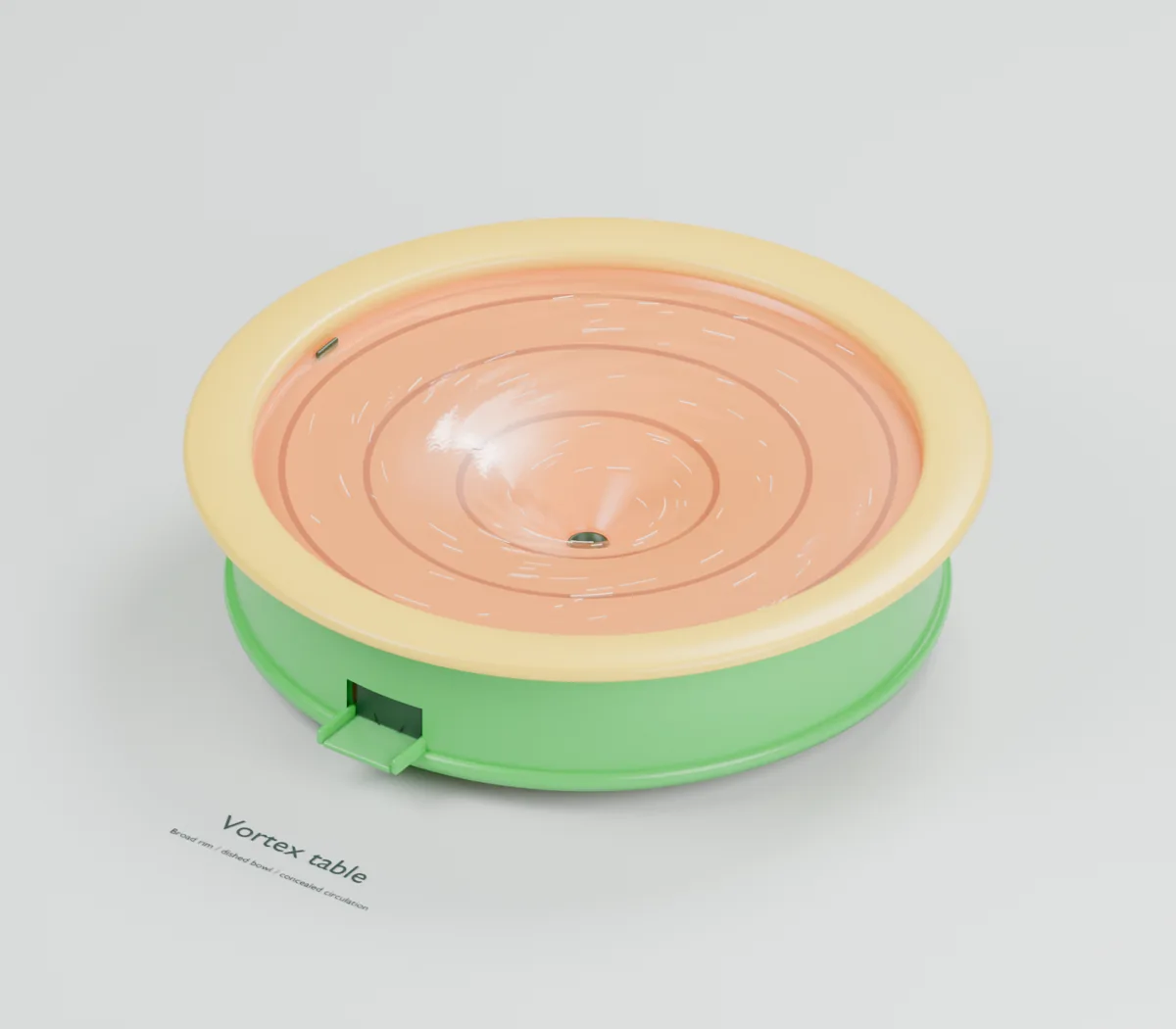 Vortex Table water table concept showing a circular vortex bowl, tangential water inlet, rim valve and central funnel