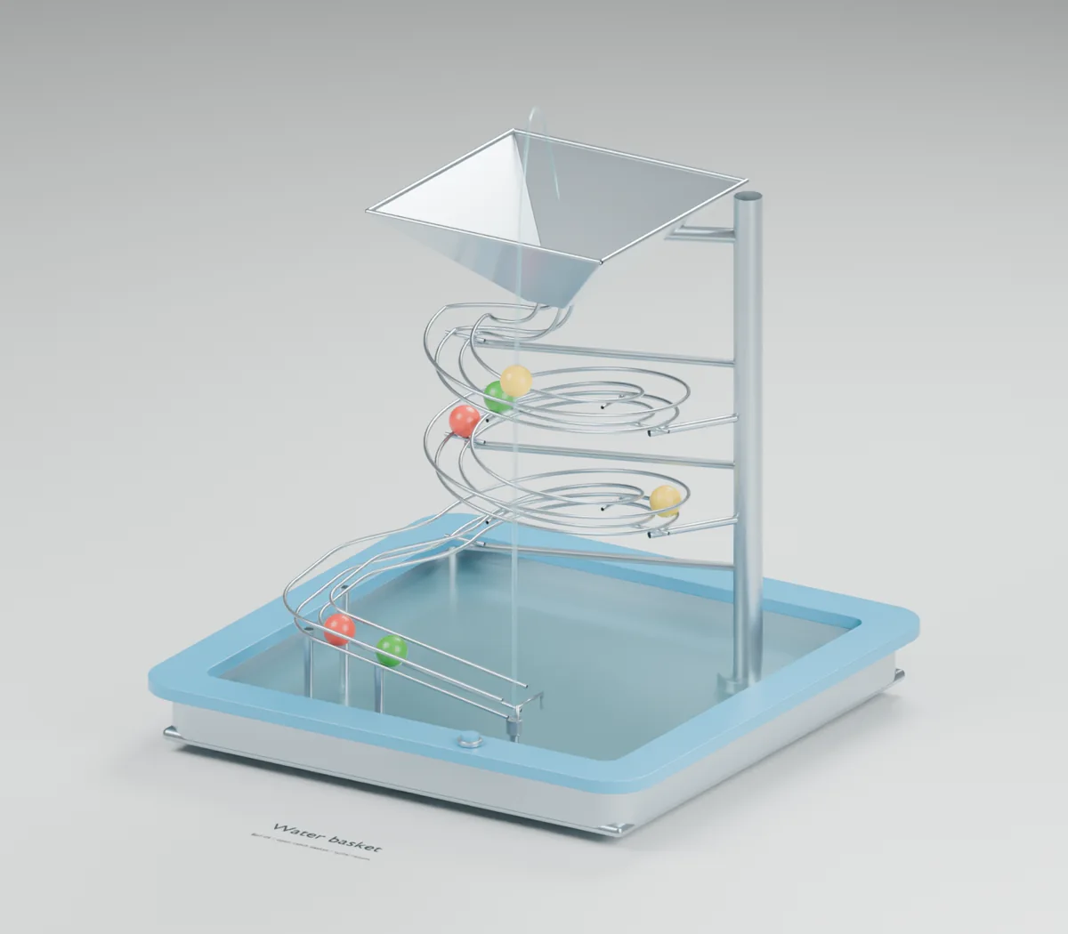 Water Basket water table concept showing an elevated square basket, offset support, upward jet and two-turn rail return
