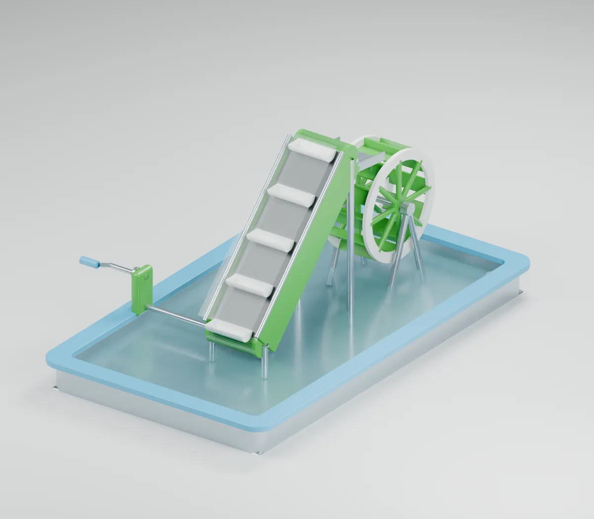 Water Conveyor & Wheel water table concept showing an outside crank, scoop conveyor, descending collector and separate downstream paddle wheel