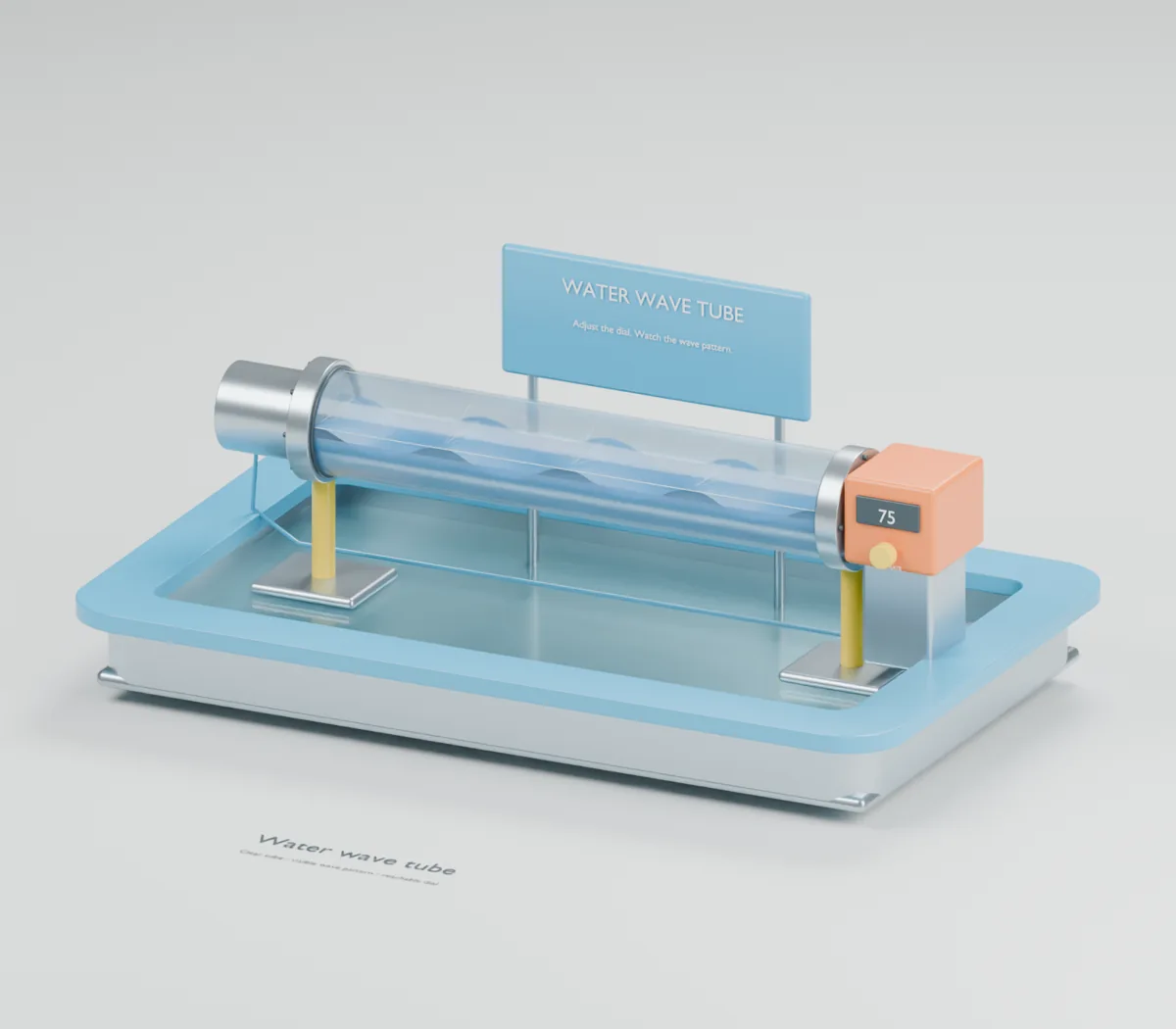 Water Wave Tube water table concept showing a sealed clear tube, blue standing-wave pattern, bolted end flanges, actuator housing and control dial