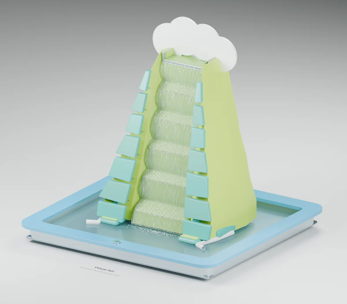 Waterfall water table concept showing a tall lime cliff with layered teal strata, cloud crest, falling water sheet and lower river islands