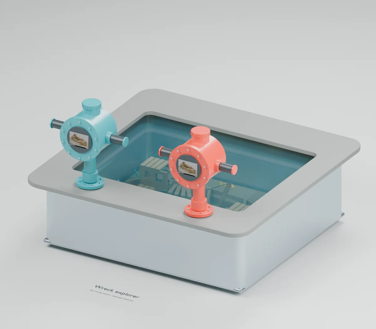 Wreck Explorer water table concept showing two cylindrical viewing stations and a submerged timber wreck with hull ribs, mast, anchor and aquatic details